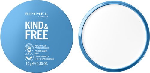 Blue round container with a mirror, labeled 'Rimmel London Kind & Free', 10g product size, free from harsh ingredients.