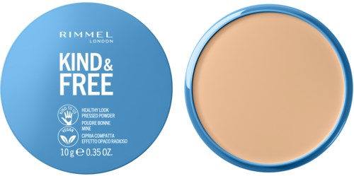 A blue circular container of Rimmel London foundation with a beige makeup sponge inside.