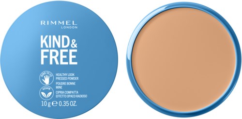 A blue round container of Rimmel London face powder with a clear lid showing the powder inside.