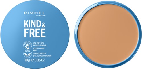 A round blue container with a lid, labeled 'Rimmel London Kind & Free,' showing pressed powder inside.