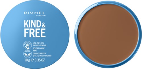 En rund blå behållare med Rimmel London foundation märkt 'Kind & Free', visar produktuppgifter och ett exempel av foundations innanför.