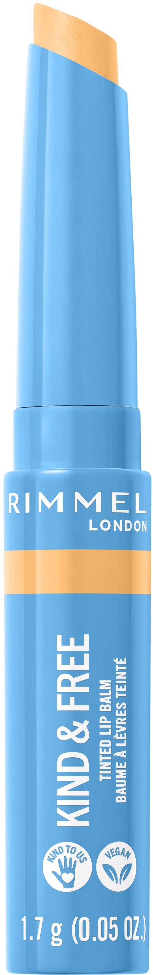 En blå läppstift med beige spets, märkt 'Rimmel London' och 'Kind & Free,' med ikoner för cruelty-free och veganskt.