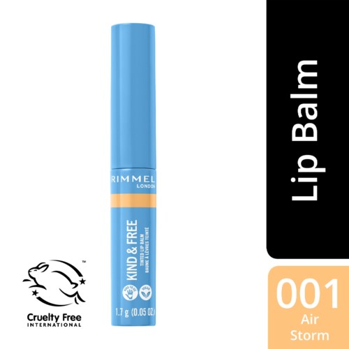 Blå Rimmel London läppbalsam med 'Kind & Free'-märke, cruelty-free-logo och 'Air Storm'-smak, nummer 001.