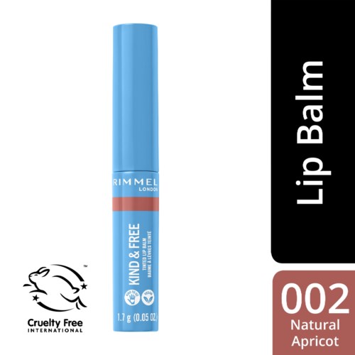 The blue lip balm tube shows "Kind & Free" and symbols for cruelty free and natural ingredients, with peach flavor.