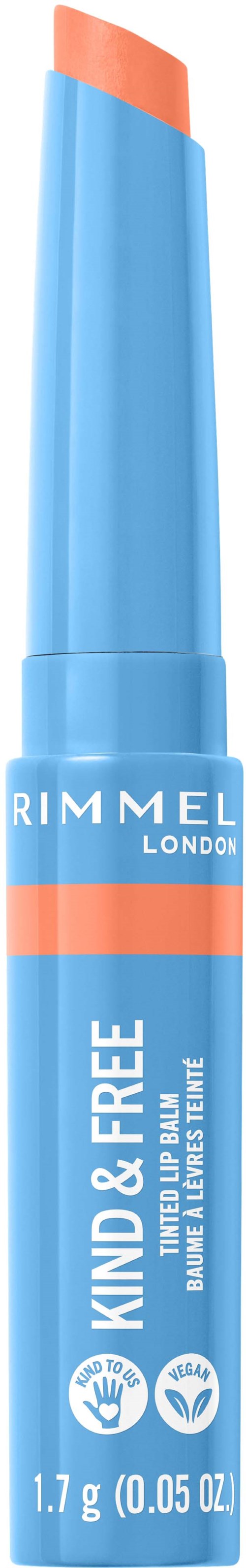 Blå läppbalsam med en persikofärgad topp, märkt Rimmel London, kallad 'Kind & Free'.