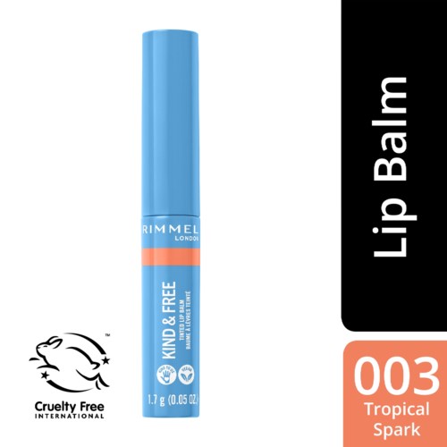 Blå läppbalsamrör med vit text, Cruelty Free-logga och etiketten 003 Tropical Spark.