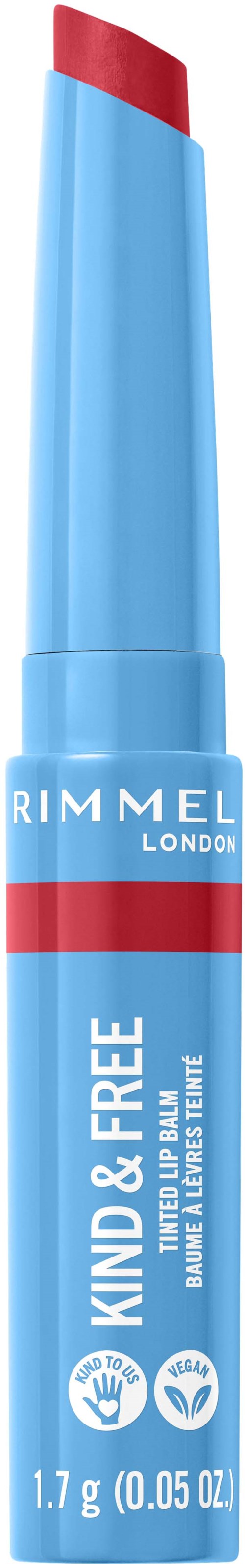 Blue lipstick tube with red lipstick, labeled 'Rimmel London' and 'Kind & Free,' 1.7g.