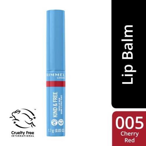 Blue lip balm tube with Rimmel London branding, labeled 'Kind & Free' and 'Cherry Red', cruelty-free logo, number 005.