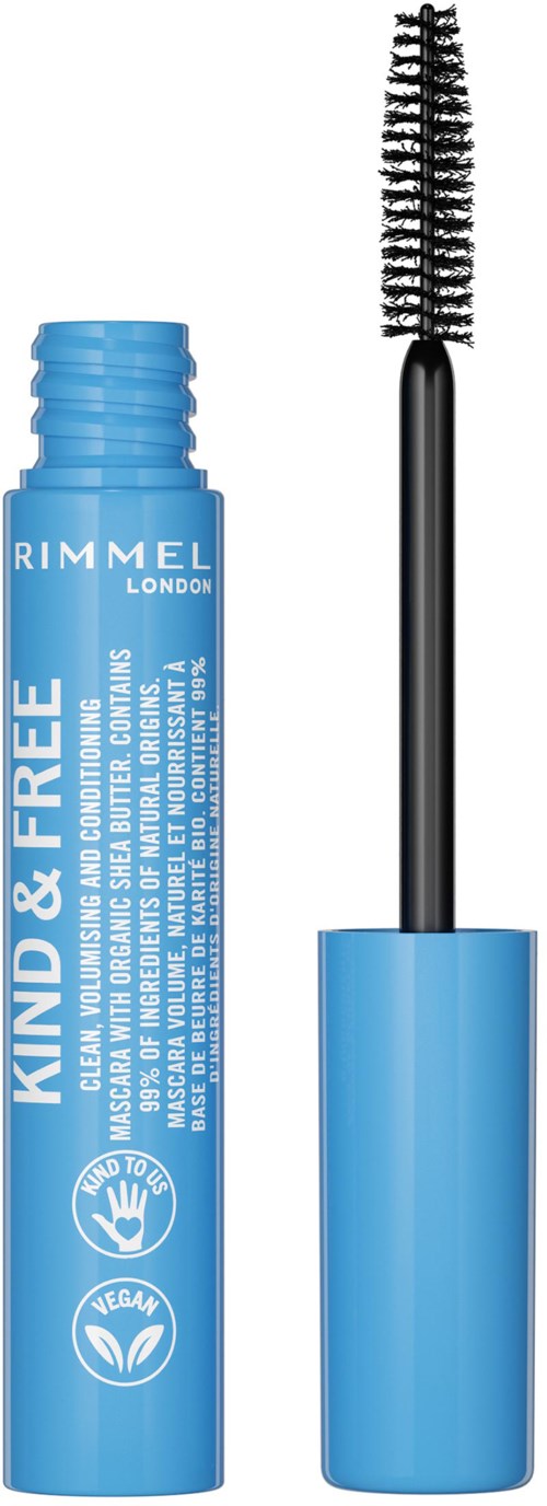 Sininen tuubi ja harja ripsivärituotteelle, merkinnät 'Rimmel London' ja 'Kind & Free', vegaani ja cruelty-free.