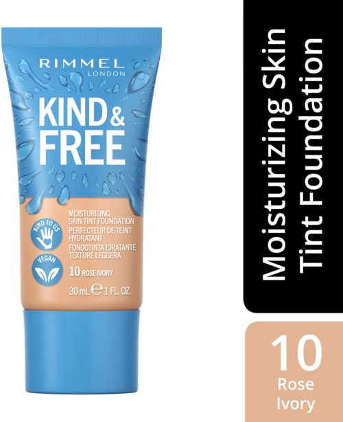 A tube of Rimmel London cleanser, blue and beige, labeled 'Kind & Free' and 'Moisturizing Tint Foundation,' with sunflower and water icons.