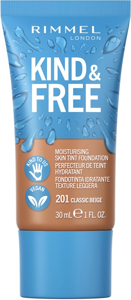 Blue and brown tube of Rimmel London moisturizer with water droplets design, labeled "Kind & Free" in large white text.