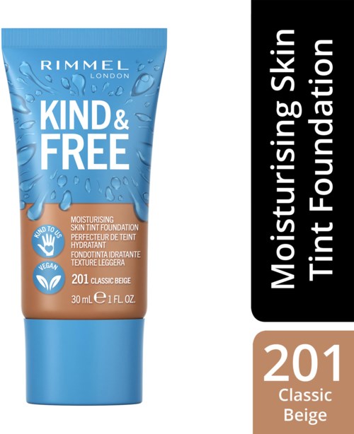 Blue and beige tube of Rimmel moisturizing skin tint foundation, shade 201 Classic Beige, 30 ml.