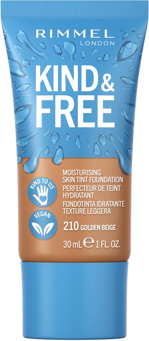 Blå och beige tub med vattendroppar, märkt 'RIMMEL KIND & FREE,' beskriver återfuktande hudfärg, vegansk, 30 ml.