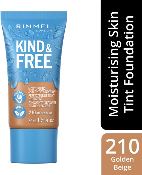 Fuktgivande hudfärgad grund i blå tub, märkt 'Kind & Free' och 'Golden Beige'.