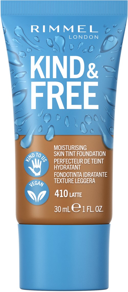 En blå och brun tub med Rimmel London fuktighetskräm, med droppar på designen, märkt 'Kind & Free' i stort vitt text.