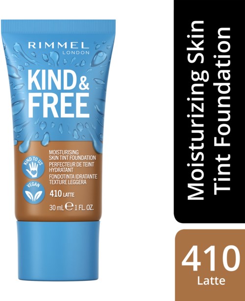 En blå och brunt tube av Rimmel London foundation märkt "Kind & Free" för återfuktande hud i nyansen 410 Latte.