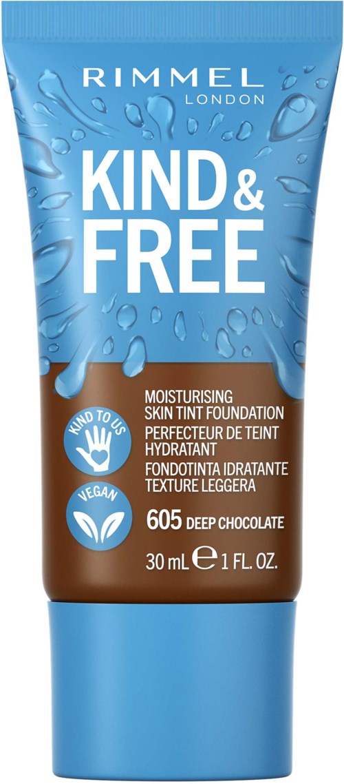 En blå tub med Rimmel London-ansiktsgrundning med vattenstänk, märkt 'Kind & Free' och 'Moisturising.'