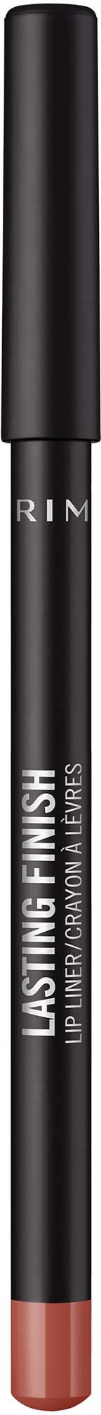 A black lip liner pencil with a cap, labeled 'Lasting Finish Lip Pencil' by Rimmel, against a black background.