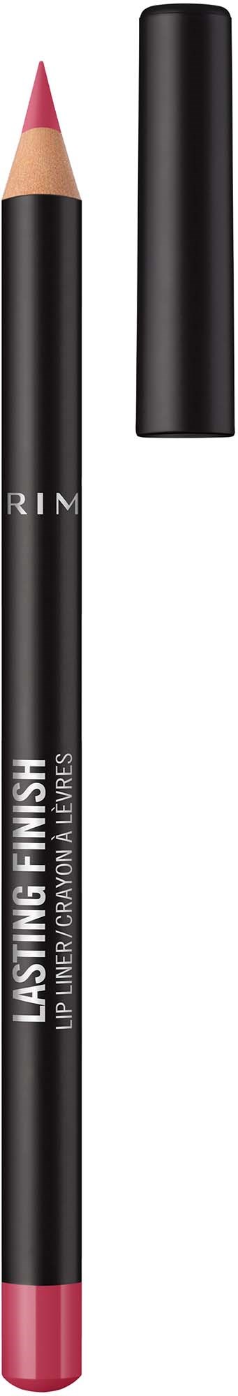 A lip pencil with a black body, pink tip, and black cap, labeled lasting finish liquid lipstick.