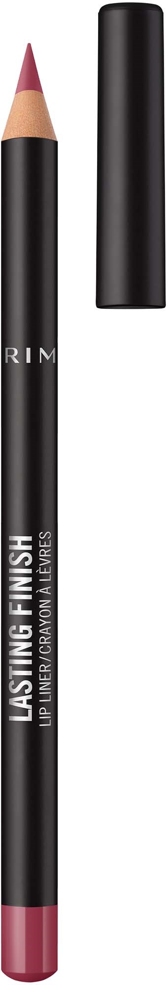 A lipstick pencil with black body and a pink tip, with black cap removed. The text shows it is a Rimmel Lasting Finish lipstick.