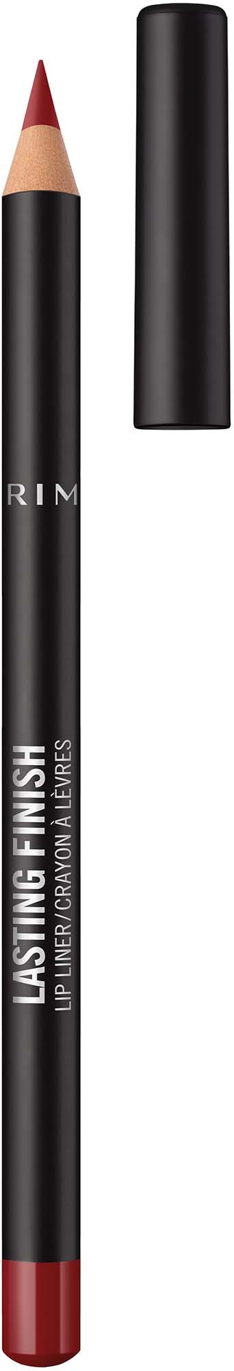 A black pencil with a red tip and a black cap, labeled 'LASTING FINISH' and 'LIP LINER' by RIMM.