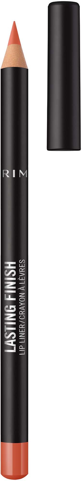 A lip liner pencil with a removable cap, black body, and peach-colored tip. The pencil has white text on it.