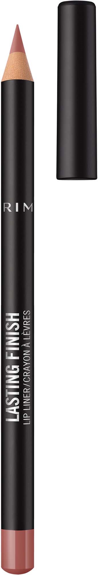 A black lip liner pencil with a pink tip, labeled 'LASTING FINISH' and 'LIP LINER' from RIMM.