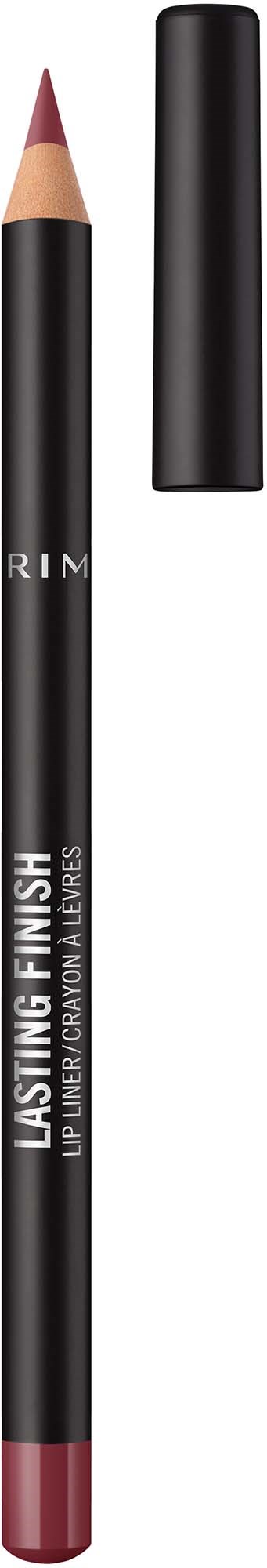 A black lip pencil with a pinkish tip and a cap, labeled 'Lasting Finish Lip Liner'.