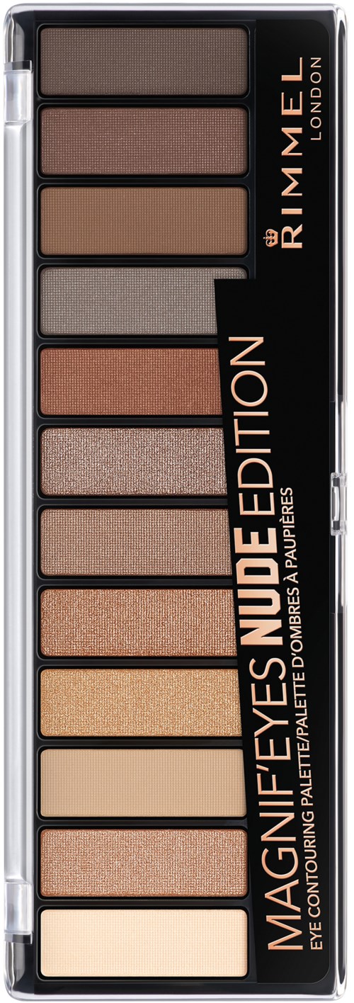 A palette of twelve neutral eyeshadow shades ranging from light to dark, labeled Rimmel London Magnif'EYES Nudes Edition.