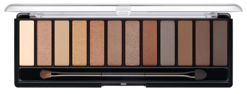 A palette with ten shades of brown and beige eyeshadow, along with a small brush.