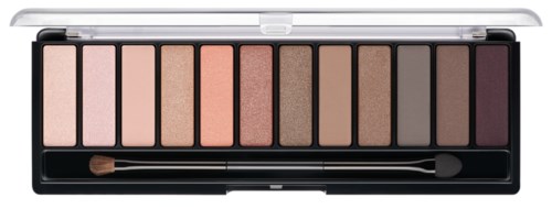 En makeup-palett med olika nyanser av ögonskuggor, ordnade från ljus till mörk, med en liten borste inuti.