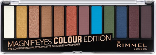 En palett med tio ögonskuggor i guld, brunt, orange, blått, grönt och lila, märkt Magnif'Eyes Colour Edition.