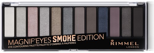 En ögonskuggspalett med olika nyanser i ett svart hölje, märkt 'Magnif'Eyes Smoke Edition' av Rimmel London.