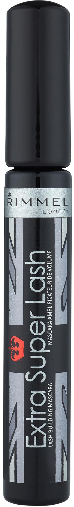 A black and gray tube of Rimmel London Extra Super Lash mascara.
