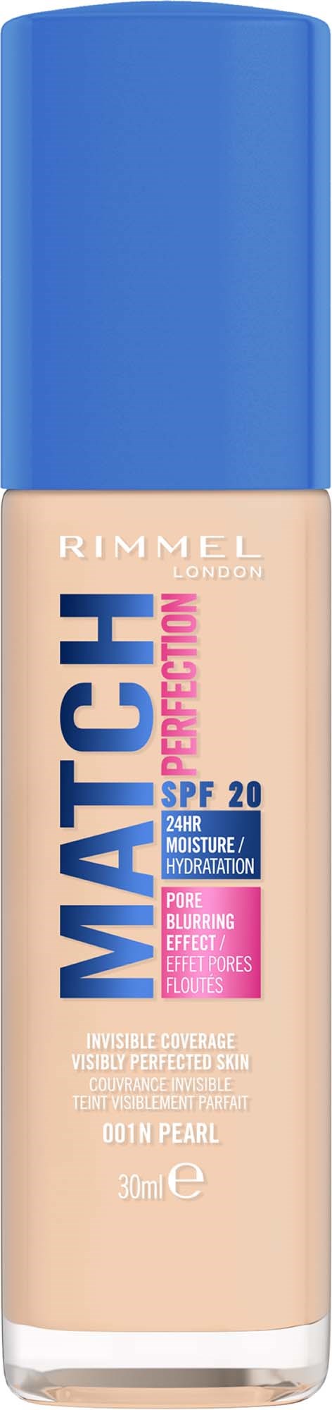 Flaske med Rimmel Match Perfect foundation med SPF 20 i en beige farge med blå lokk.
