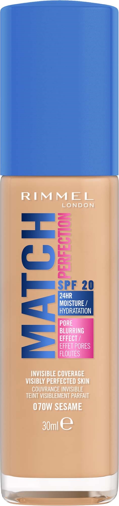 Rimmel Match Perfect foundationflaske med blå lokk, beige væske og SPF 20. Inneholder 30 ml.