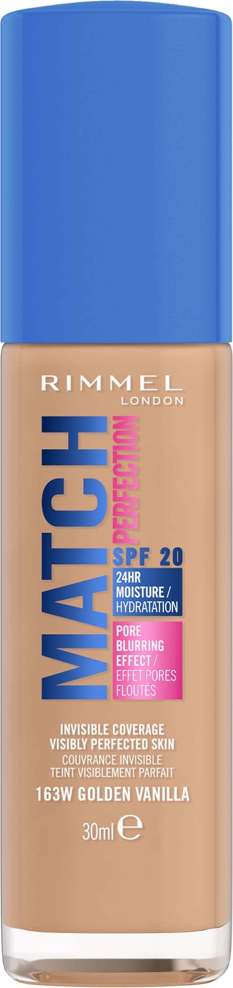 Rimmel Match Perfect foundationflaske med blå lokk, beige væske og etikett som viser SPF 20, gylden vanilje nyanse.
