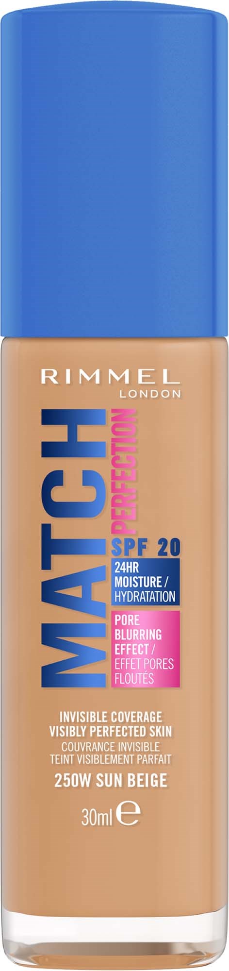 Rimmel Match Perfect foundationflaske med blå lokk, beige væske, SPF 20, 30 ml, for huddekning og hydrering.