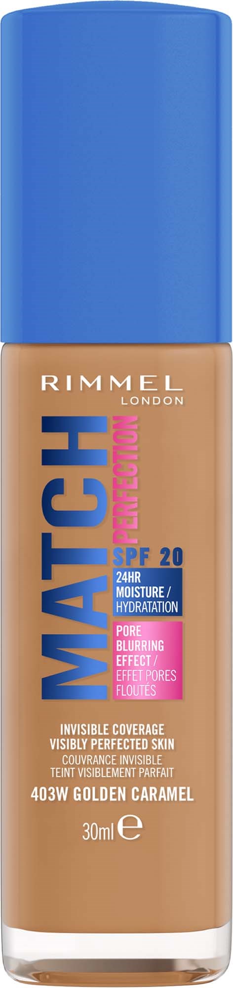 En Flaske Rimmel Match Perfect foundation med blå lokk, beige flaske og produktdetaljer på etiketten.