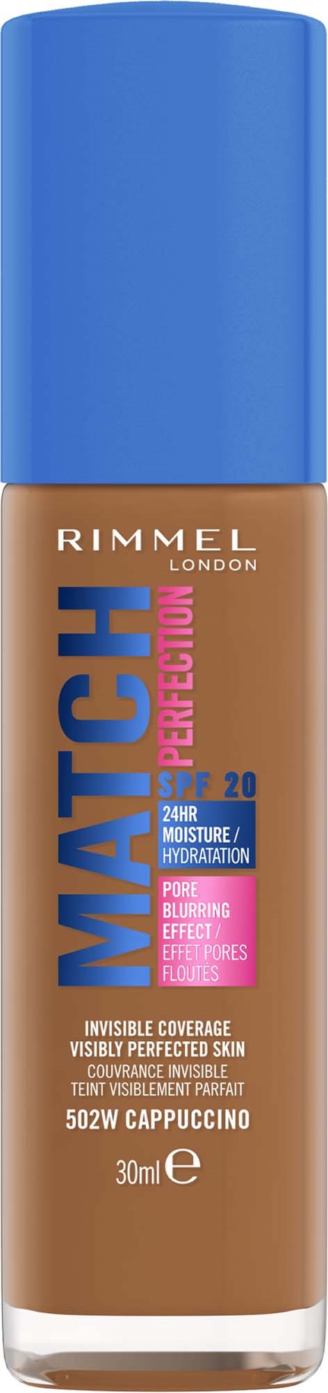 Rimmel Match Perfect foundation i en beige flaske med blå lokk, merket for 24-timers fuktighet og porerensning.