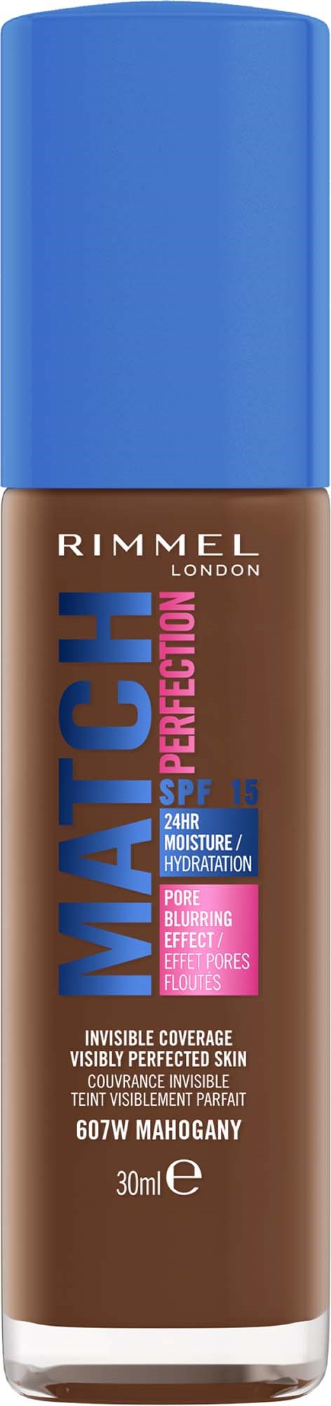 Rimmel Match Perfect foundationflaske med blå topp, merket for hudtone og fuktighet, 30 ml.