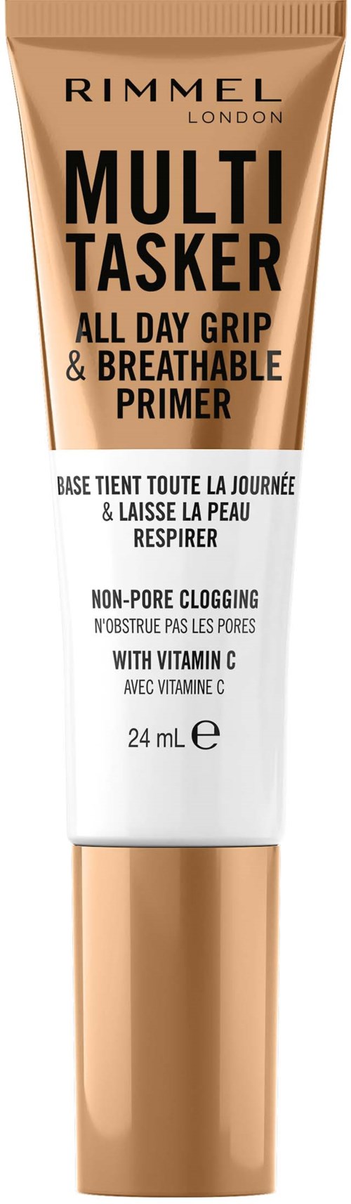 A beige tube of Rimmel London Multi Tasker primer for all day wear, with vitamin C, 24 ml.