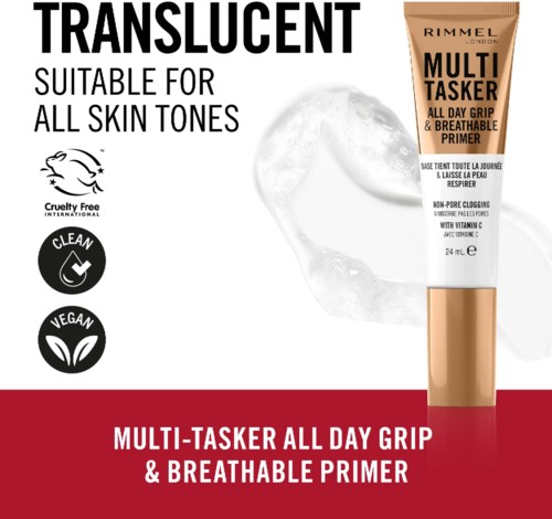 A makeup primer in a tube, labeled Rimmel Multi Tasker, with clear gel and skin tone suitability. Symbols show cruelty-free, vegan, and skin care.