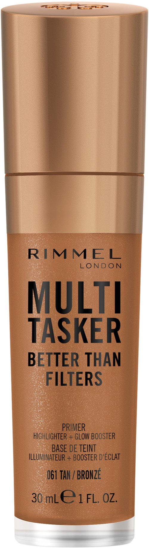 A bottle of Rimmel London Multi Tasker primer, in bronze color, with a gold top, 30 ml capacity.