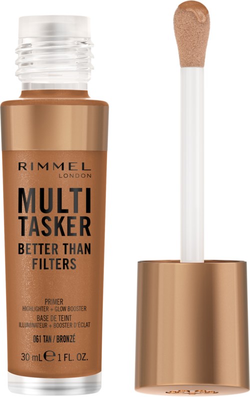 Cosmetic bottle with a wand, labeled Rimmel London Multitasker, in bronze color for skin makeup.