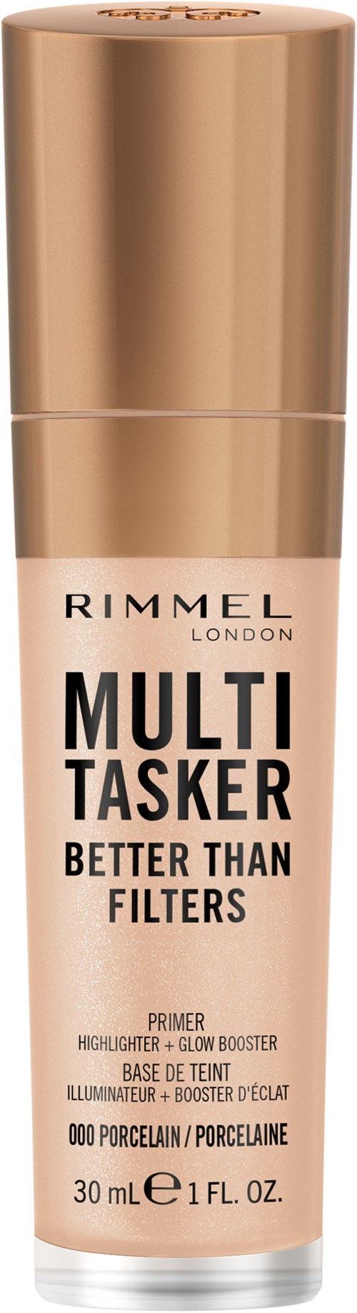 A Rimmel London Multi-Tasker primer bottle with gold and beige colors, labeled for skin glow and pore coverage.