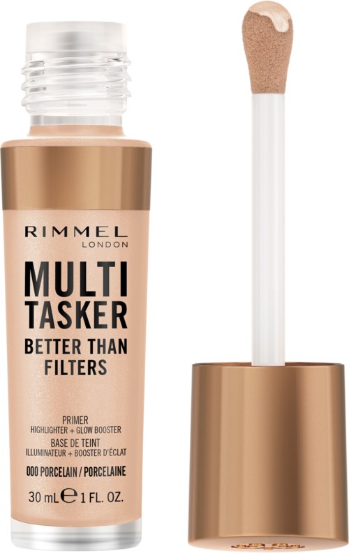 A Rimmel London makeup product with a brush and liquid foundation called Multitasker in a beige bottle.