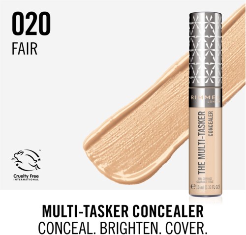 A concealer tube with beige makeup, black and silver cap, and text about fairness and cruelty-free.