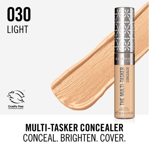 A tube of Rimmel concealer with beige cream, labeled 'multi-tasker', and a light beige swatch. Cruelty-free logo included.