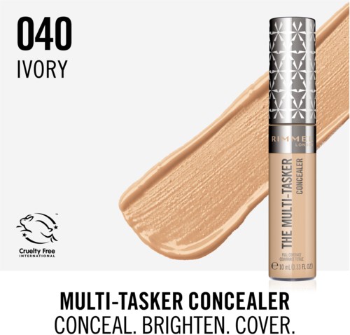 A beige concealer tube with a silver cap, showing a swatch of the product; includes text about the product and cruelty-free.